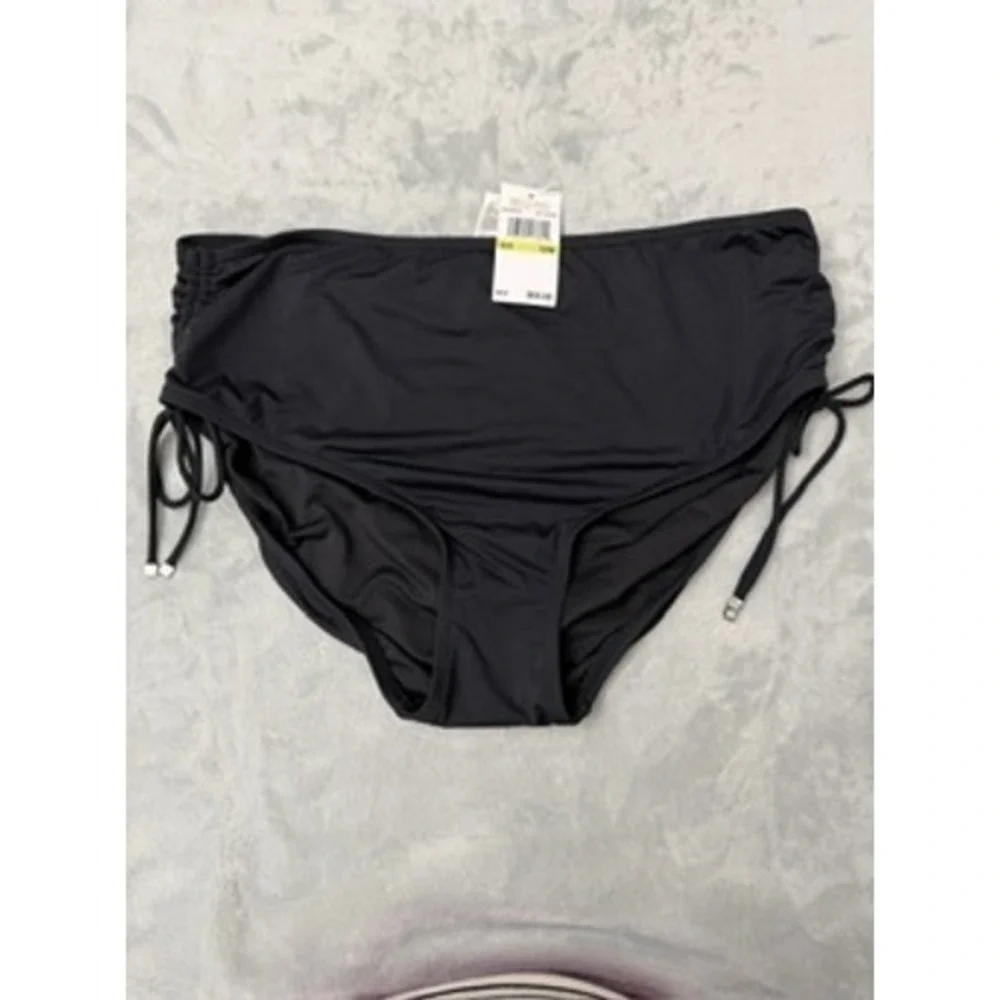 NWT Michael Kors Bikini Bottoms Womens Black High Waist Side Tie Ruched 18W $68